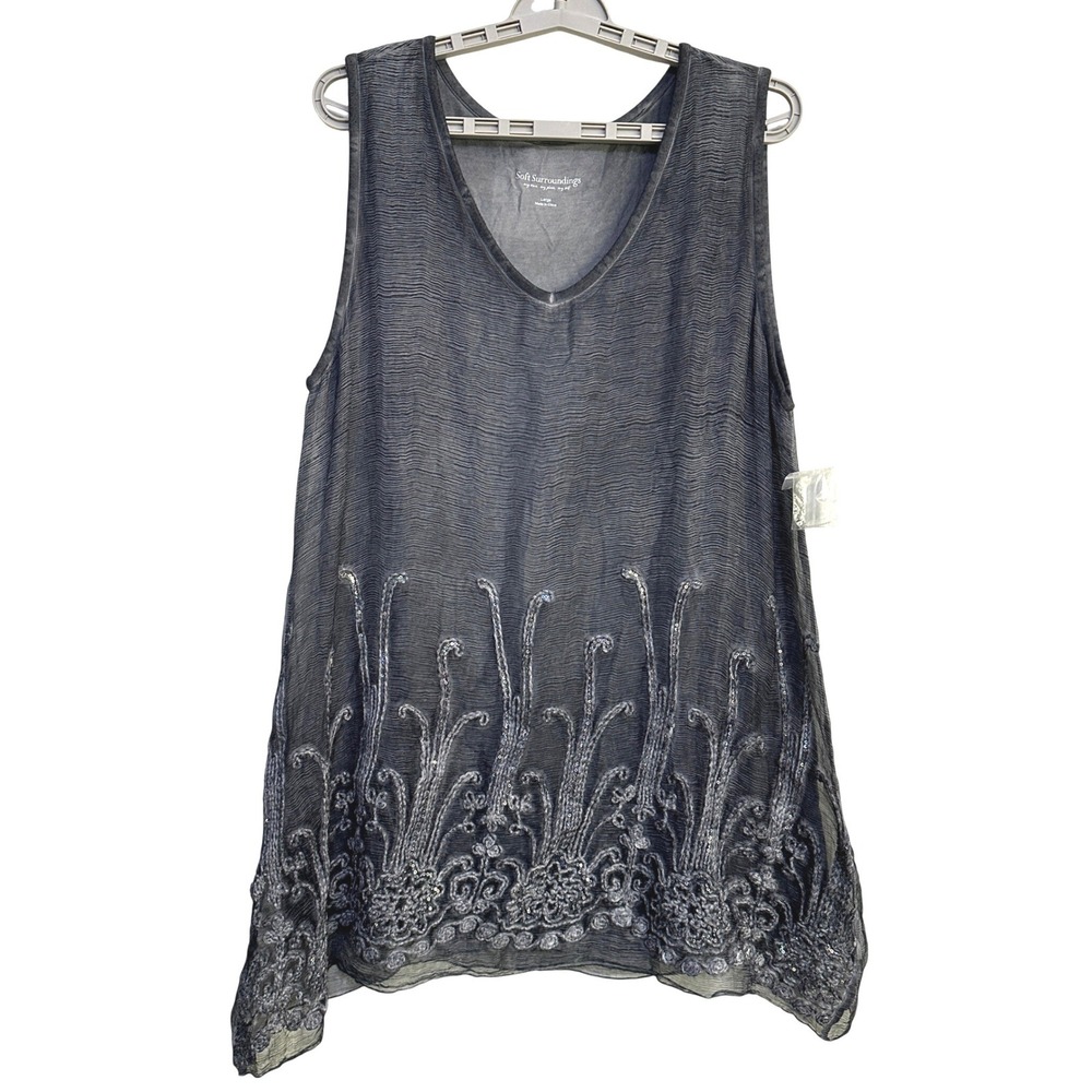 Soft Surroundings Silk Top Large Sleeveless Ethereal Boho Romantic‎ Embroidered